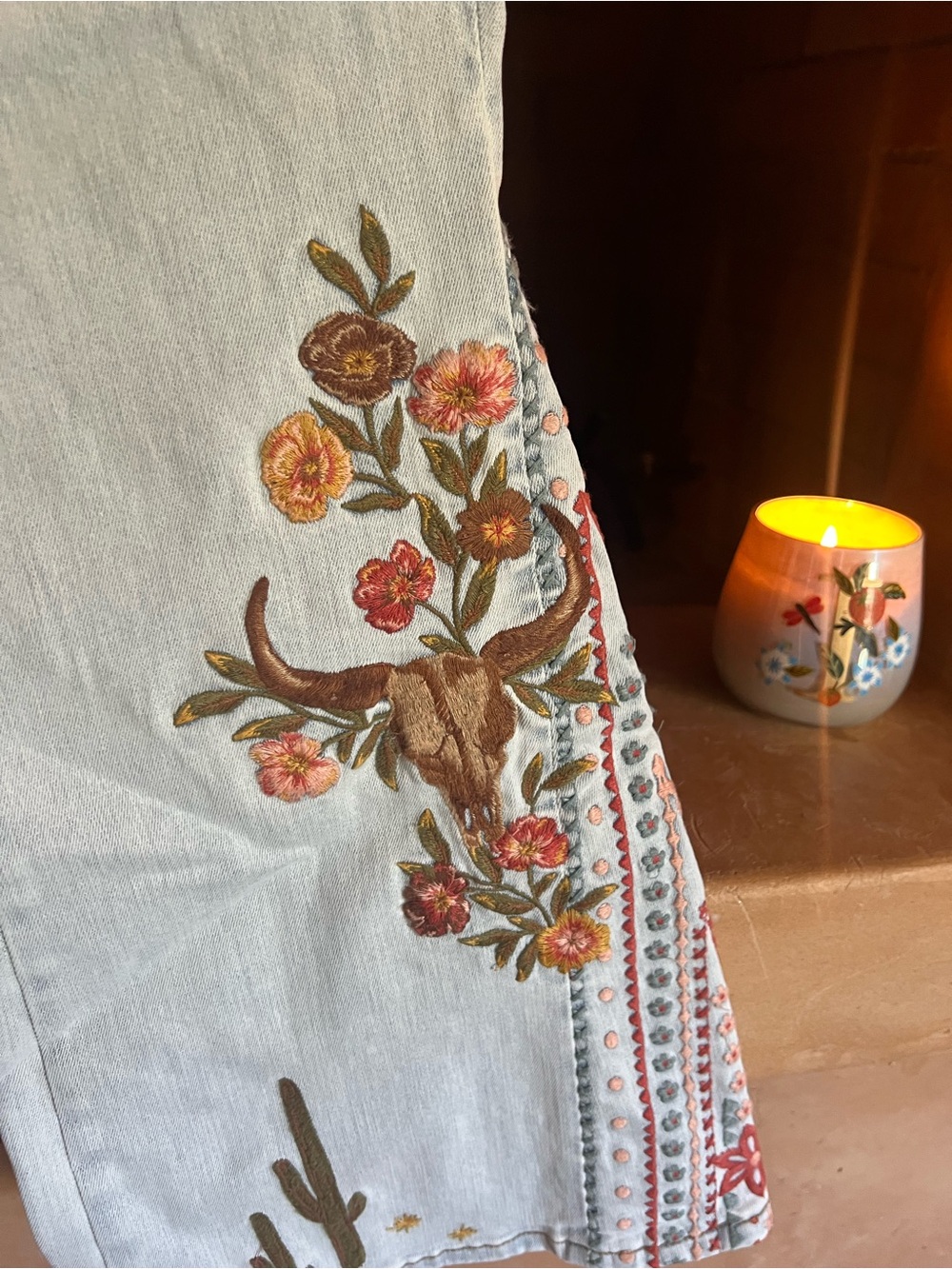 DRIFTWOOD Light Blue Embroidered Flare Jeans with Western & Floral Motifs - Picture 5 of 6